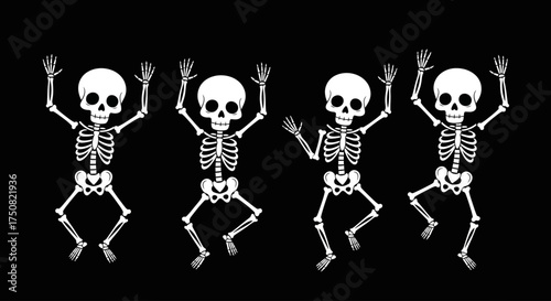 Four cartoon skeletons performing a synchronized happy dance on a dark background for a fun Halloween celebration