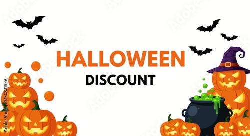 Festive Halloween promotional banner with grinning jack-o-lanterns, flying bats, and a bubbling witch's cauldron for seasonal sales