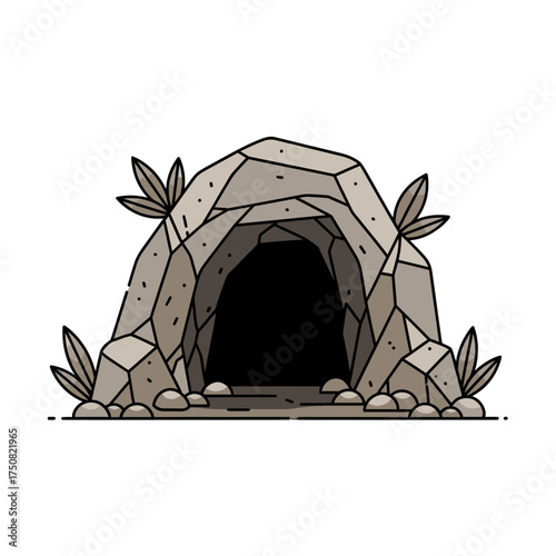 Cave Entrance with Rocky Facade and Sparse Vegetation.