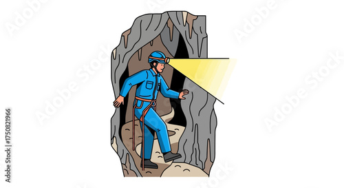 Cave explorer with headlamp illuminating dark cave interior.