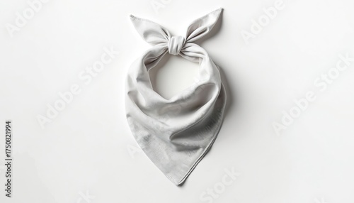 Studio shot shows grey bandana against white backdrop. Fabric scarf displayed as mock up. Textile accessory isolated on white surface. Design template.