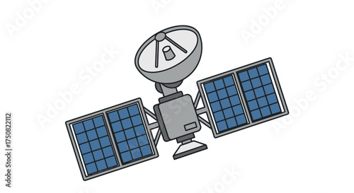 Cartoon Illustration of a Satellite with Solar Panels for Communication and Broadcast