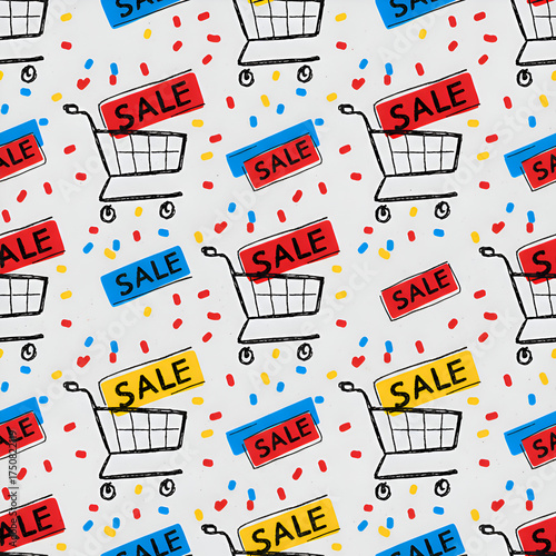 Wallpaper Mural Vibrant pattern of shopping carts and sale signs for retail promotions. Torontodigital.ca