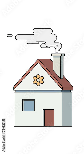 Charming cartoon house with smoke coming from chimney.