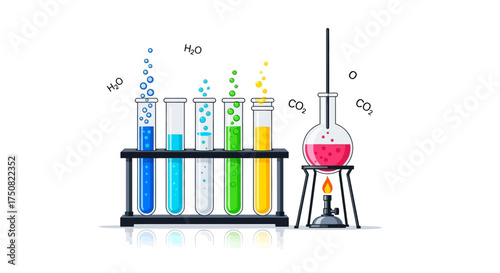 Chemistry Laboratory Experiment with Colorful Liquids and Bubbles.