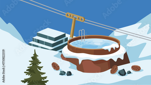 Illustration of a hot tub in a snowy mountain landscape with a ski lift and a building nearby