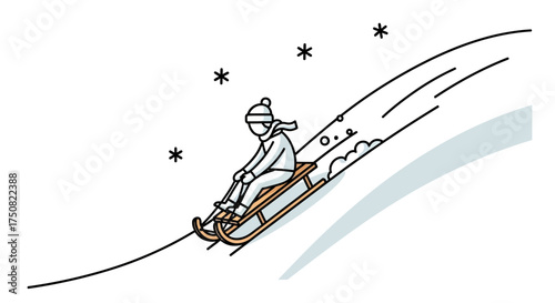 Child Sledding Down Snowy Hillside.