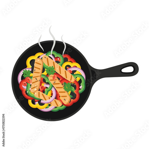 Chicken Fajitas Cooking in a Skillet with Vegetables.