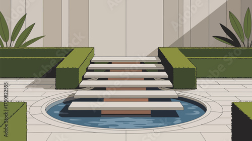 Illustrated garden scene featuring steps leading to a pool and symmetrical plant boxes design