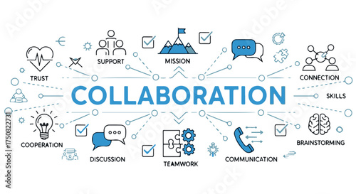 Collaboration concept with icons for teamwork, communication, and success isolated on transparent background
