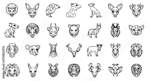 Collection of animal head illustrations, isolated on transparent background