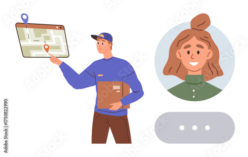Delivery worker pointing to a map with a package in hand, customer profile displayed nearby. Ideal for logistics, courier service, communication, tracking, customer interaction, navigation, simple