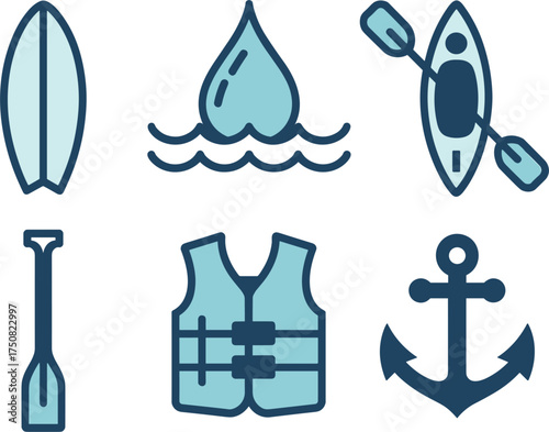Water Sports Equipment Icons Including Surfboard and Kayak vector illustration