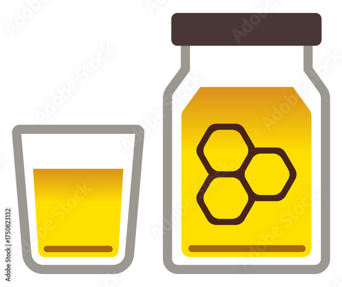 A honey jar icon vector with golden honey and glass cup for sweet drinks or desserts.