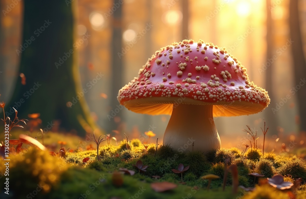 Fototapeta premium Red mushroom with white spots grows in forest. Fly agaric fungus stands in moss with green plants. Toadstool in woodland with trees in background. Natural scenery with foliage, vegetation. Autumn