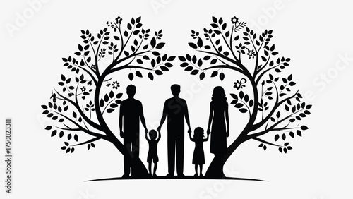 Silhouette family with children holding hands under beautiful flourishing trees, representing family roots, heritage, togetherness, and legacy