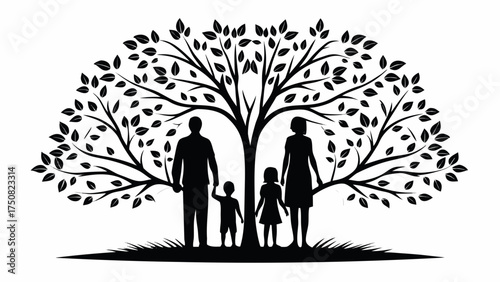 Silhouette of a loving family standing beneath a flourishing tree, symbolizing growth, unity, and the beauty of togetherness for family values and generational legacy
