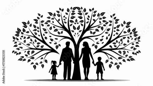 Loving family embracing beneath a sheltering tree, a symbol of growth, unity, and the enduring bonds of kinship and protection within the family unit