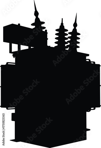 High voltage electrical transformer silhouette with cooling fins, bushings, and insulators for power distribution and energy transmission illustration vector