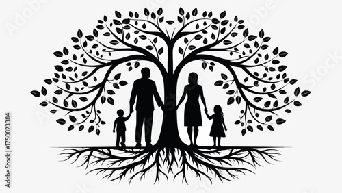 Heartwarming family tree silhouette illustration, symbolizing growth, legacy, and strong family bonds, perfect for genealogy projects and sentimental designs
