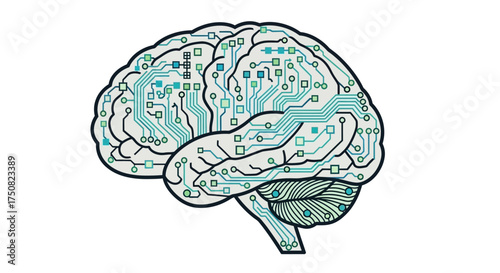 Digital brain concept artwork exhibiting interconnected circuits and information pathways within