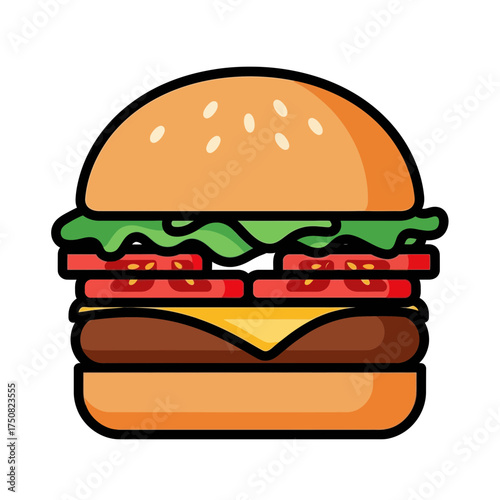 A delicious and juicy cheeseburger illustration with sesame seed bun fresh green lettuce ripe red tomato slices and melted yellow cheese on a plain