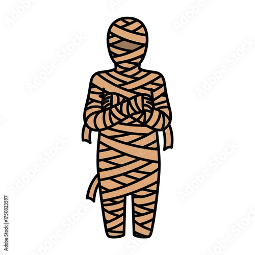 A full body illustration of a cartoon mummy figure standing with arms crossed in a simple light brown bandage wrap with a white background and black