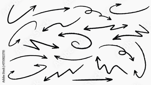 Set of simple lines hand drawn black arrows in various style. Set of simple of hand drawn black arrows. Set of simple lines hand drawn black arrows. Various of simple lines arrows collection