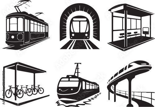Modern transport icons: trains, trams, bikes, stations