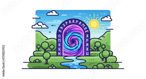 Stylized gateway with mystical runes leading into a swirl of cosmic energy