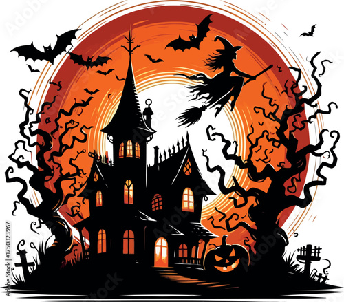 Halloween background with pumpkins and haunted house