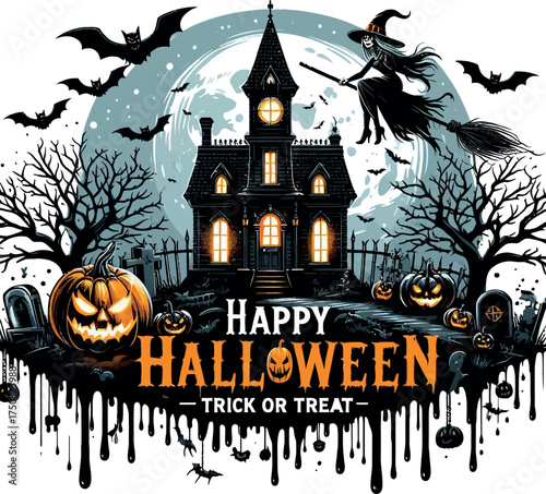 Halloween background with pumpkins and haunted house