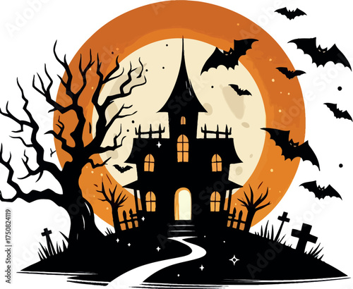 Halloween background with pumpkins and haunted house