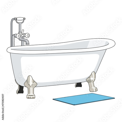 Classic Clawfoot Bathtub with Blue Bath Mat.