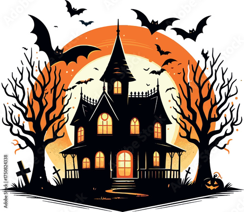 Halloween background with pumpkins and haunted house