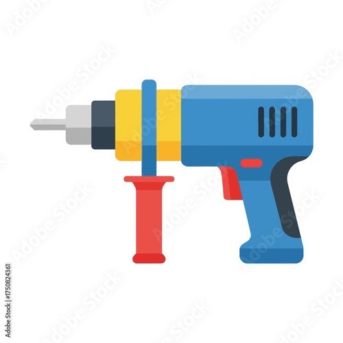Electric drill with a blue body and yellow accents featuring a red auxiliary handle and a metal drill bit ready for construction or DIY projects on a