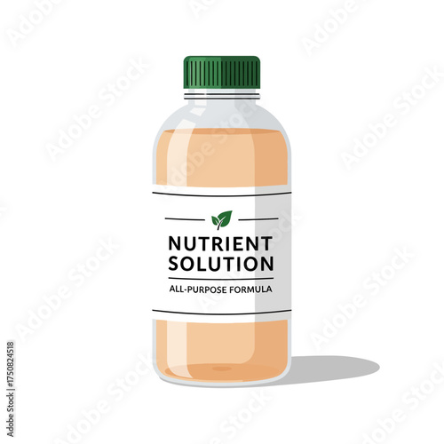 Clear plastic bottle with green cap containing nutrient solution for plants.