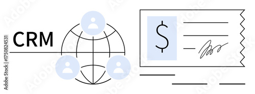 CRM text, interconnected user profiles displayed on a globe, financial receipt with dollar sign and signature. Ideal for customer management, sales, networking, finance, analytics, communication