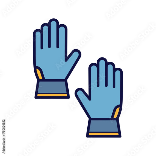 Illustration of a pair of light blue work gloves with yellow and dark blue trim designed for protective handwear during outdoor labor or industrial
