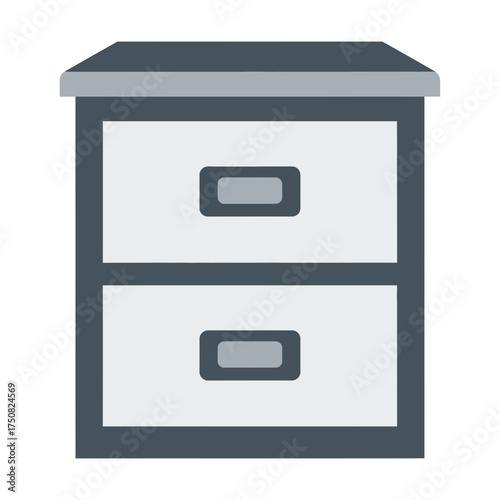 Minimalistic two-drawer filing cabinet icon with simple gray handles against a clean white background representing office storage and organization