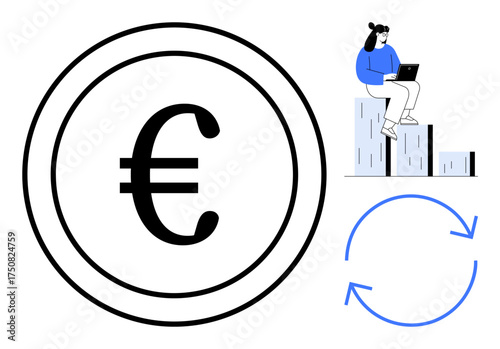 Euro sign in bold circle, woman using laptop atop bar chart, curved arrows indicate cyclical financial growth. Ideal for economics, investment, business, data analysis, saving, innovation simple