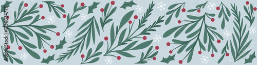Nordic Light Horizontal Border with Sage Green Foliage and White Snowflakes