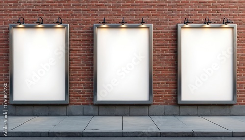 Three blank billboard frames with lights mounted on a brick wall over sidewalk. These empty ad spaces await new content. Mockup for outdoor advertising design presentations.
