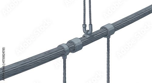 Closeup of a complex cable connection system with multiple strands and fasteners.