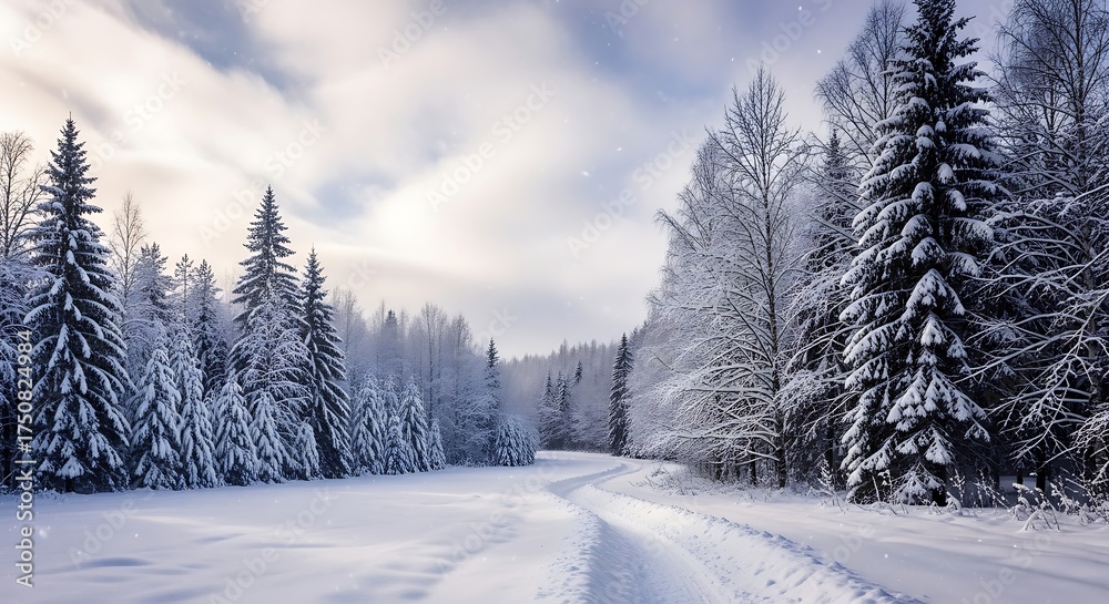 Fototapeta premium Snowy forest road with tall pine trees and birch trees