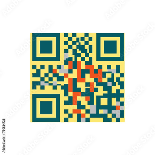 Pixelated QR Code With Teal Yellow And Red Color Blocks For Digital Marketing Information Scanning Technology On White Background With Abstract