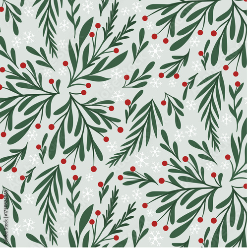 Classic Winter Snowy Foliage Pattern with Green Leaves, Red Berries and White Snowflakes