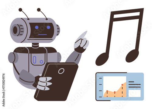 Robot interacting with a tablet, analyzing music note and data chart insights. Ideal for AI innovation, machine learning, music tech, automation, futuristic trends, digital tools, simple flat