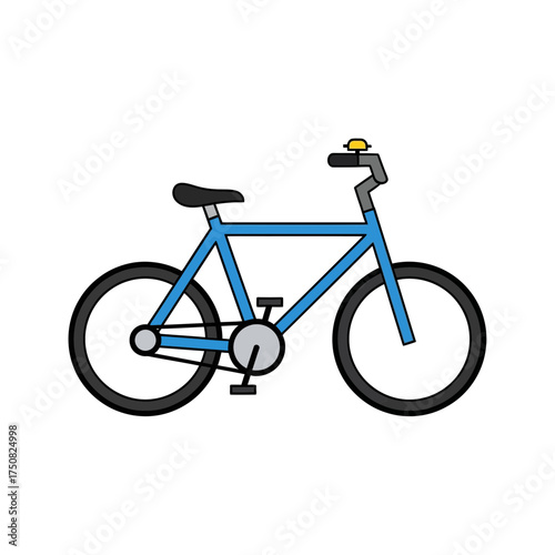 Simple blue bicycle with black tires and a yellow bell on the handlebar isolated on a clean white background, representing a basic mode of