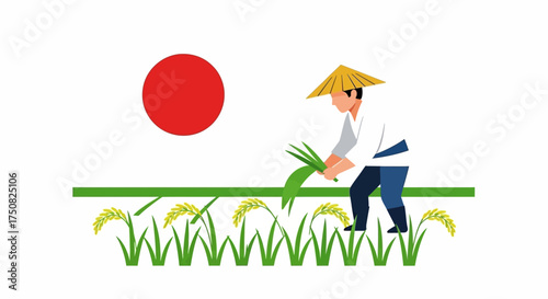 Iconic harvest scene depicting a traditional farmer reaping in a rice paddy field during a rural